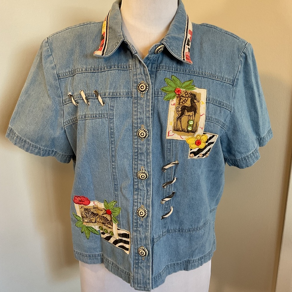 Nicole Bolin City Girl Denim Shirt Size 14 Embroidered Patches Made in USA - Picture 2 of 9